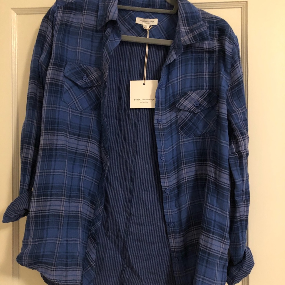 Beach Lunch Lounge Blue Plaid Button Down